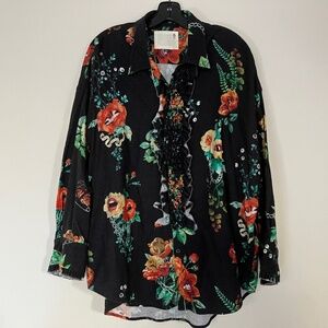 R13 Oversize Black Floral Flannel Drop Neck Tuxedo Shirt Oversized One Size
